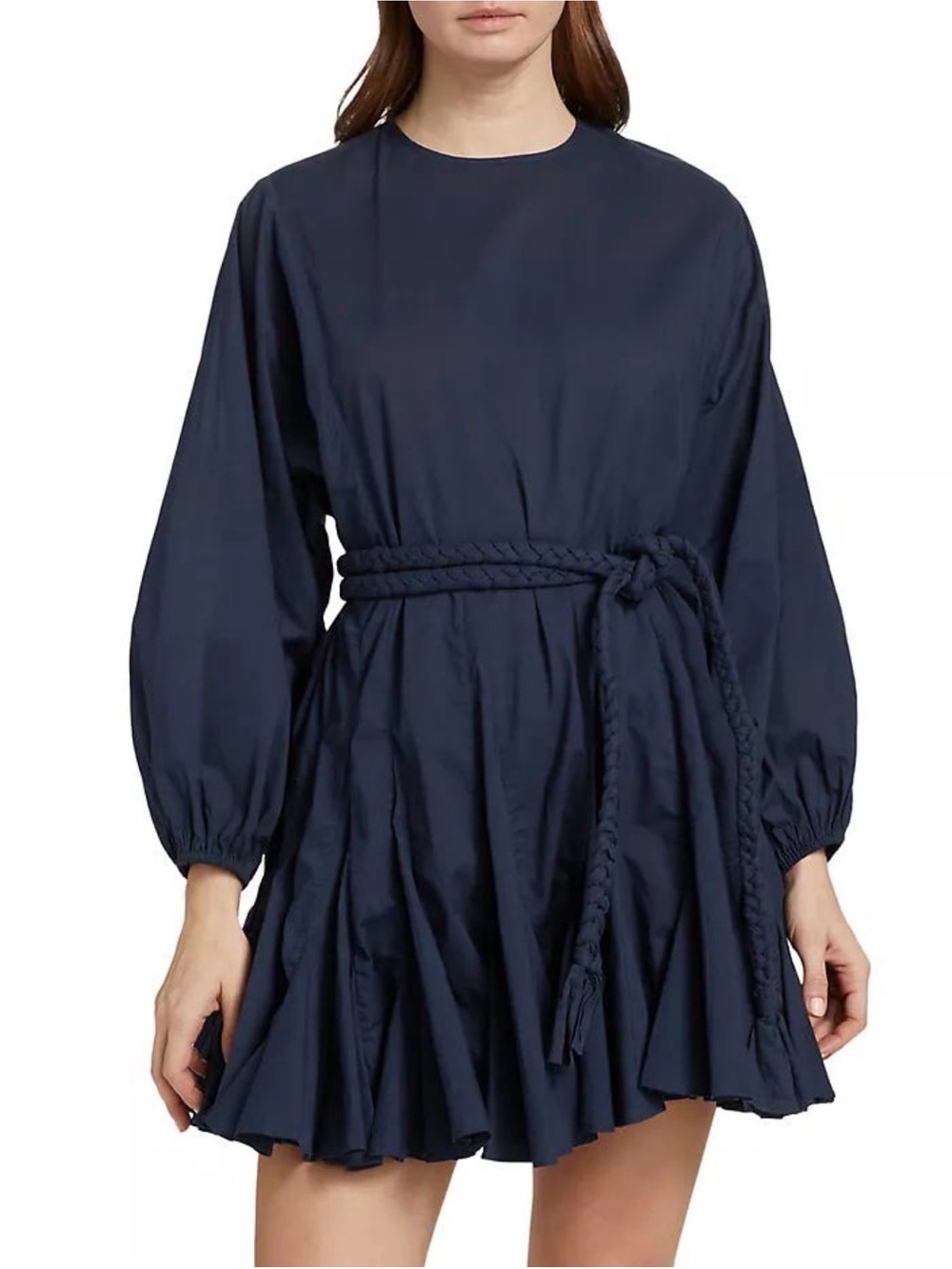 RHODE Sport Ella mini dress in navy braided waist belt and ruffled hem